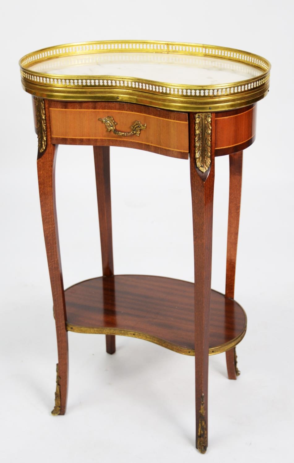 LOUIS XVI STYLE MAHOGANY AN GILT METAL MOUNTED OCCASIONAL TABLE WITH WHITE VEINED MARBLE TOP, kidney - Image 2 of 3