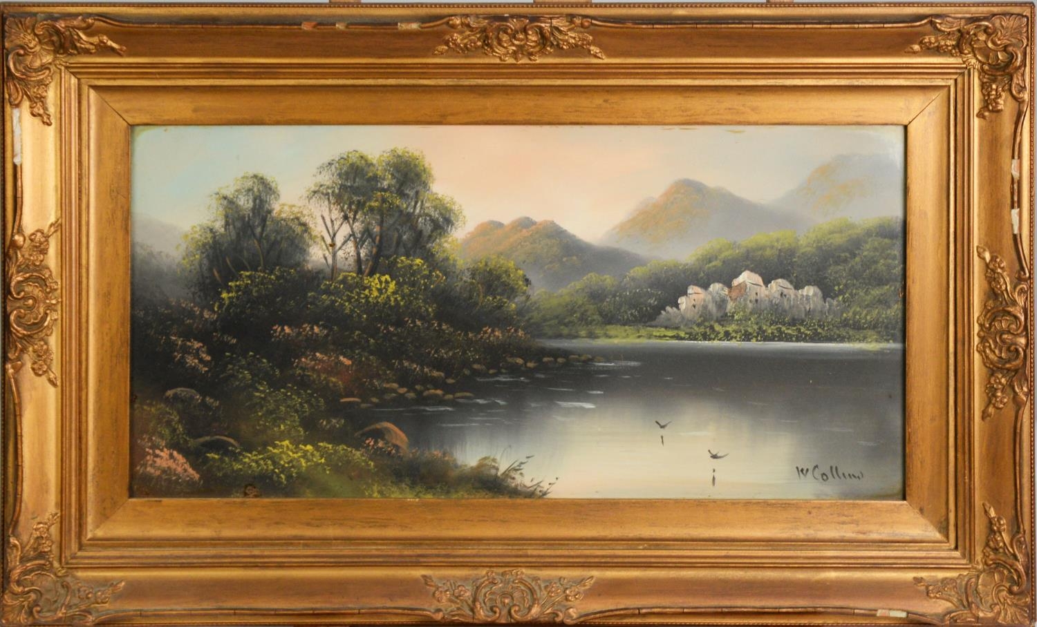 W. COLLINS (late 19th Century) OIL PAINTING Mountainous landscape with lake Signed 10in x 20in (25.4 - Image 4 of 6