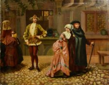 W H EUGENE (LATE NINETEENTH CENTURY) OIL ON CARD Guard at the entrance to a medieval building or