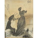 19th CENTURY ENGLISH SCHOOL PEN AND INK DRAWING Two female figures on a roof top and a returning