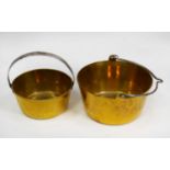 TWO NINETEENTH CENTURY BRASS JAM PANS WITH IRON HANDLES, (2)