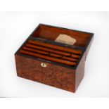 LATE NINETEENTH CENTURY AMBOYNA STATIONERY BOX, of oblong form with sloping top and mother of