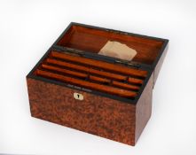 LATE NINETEENTH CENTURY AMBOYNA STATIONERY BOX, of oblong form with sloping top and mother of