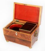 NINETEENTH CENTURY ROSEWOOD AND LINE INLAID TEA CADDY, of sarcophagus form with grape cast brass