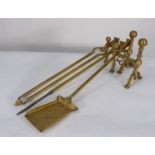 SET OF THREE PIECE BRASS FIRESIDE COMPANION SET, with square section handles, together with a PAIR