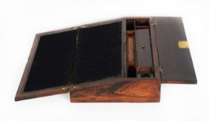 REGENCY ROSEWOOD AND BRASS INLAID PORTABLE WRITING SLOPE, of typical form with fret cut foliage