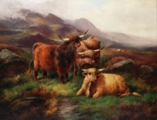JOHN W. MORRIS (C. 1865 – 1924) OIL PAINTING ON CANVAS Highland landscape with group of highland