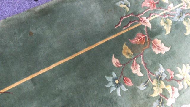 PRE-WAR WASHED CHINESE LARGE, EMERALD GREEN CARPET with a single white line delineating the - Image 4 of 4