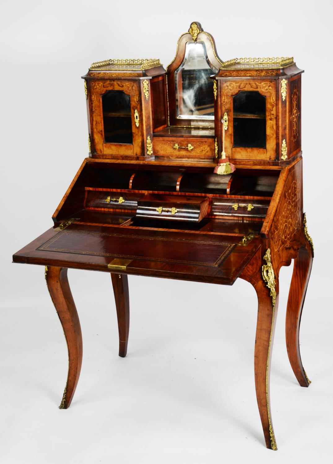 NINETEENTH CENTURY ORMOLU MOUNTED AND INLAID BURR WALNUT BUREAU DE DAME, the foliate scroll inlaid