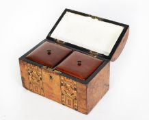 VICTORIAN FIGURED WALNUT AND TUNBRIDGE WARE BANDED DOME TOP TEA CADDY, with twin lidded