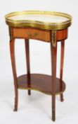LOUIS XVI STYLE MAHOGANY AN GILT METAL MOUNTED OCCASIONAL TABLE WITH WHITE VEINED MARBLE TOP, kidney