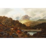 I JONES OIL PAINTING ON CANVAS ‘Highland Cattle Loch Ettef’ Signed lower right 24” x 36” (60.9 x