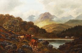 I JONES OIL PAINTING ON CANVAS ‘Highland Cattle Loch Ettef’ Signed lower right 24” x 36” (60.9 x