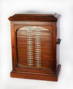 VICTORIAN MAHOGANY MICROSCOPE SLIDE TABLE TOP CABINET, with caddy top and heavy brass handles to the