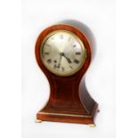 EDWARDIAN LINE INLAID MAHOGANY LARGE BALLOON SHAPED MANTLE CLOCK, with 6” silvered Roman dial, brass