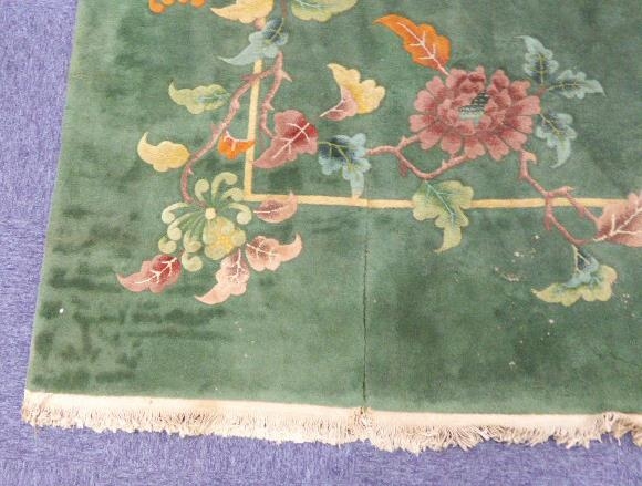 PRE-WAR WASHED CHINESE LARGE, EMERALD GREEN CARPET with a single white line delineating the - Image 3 of 4