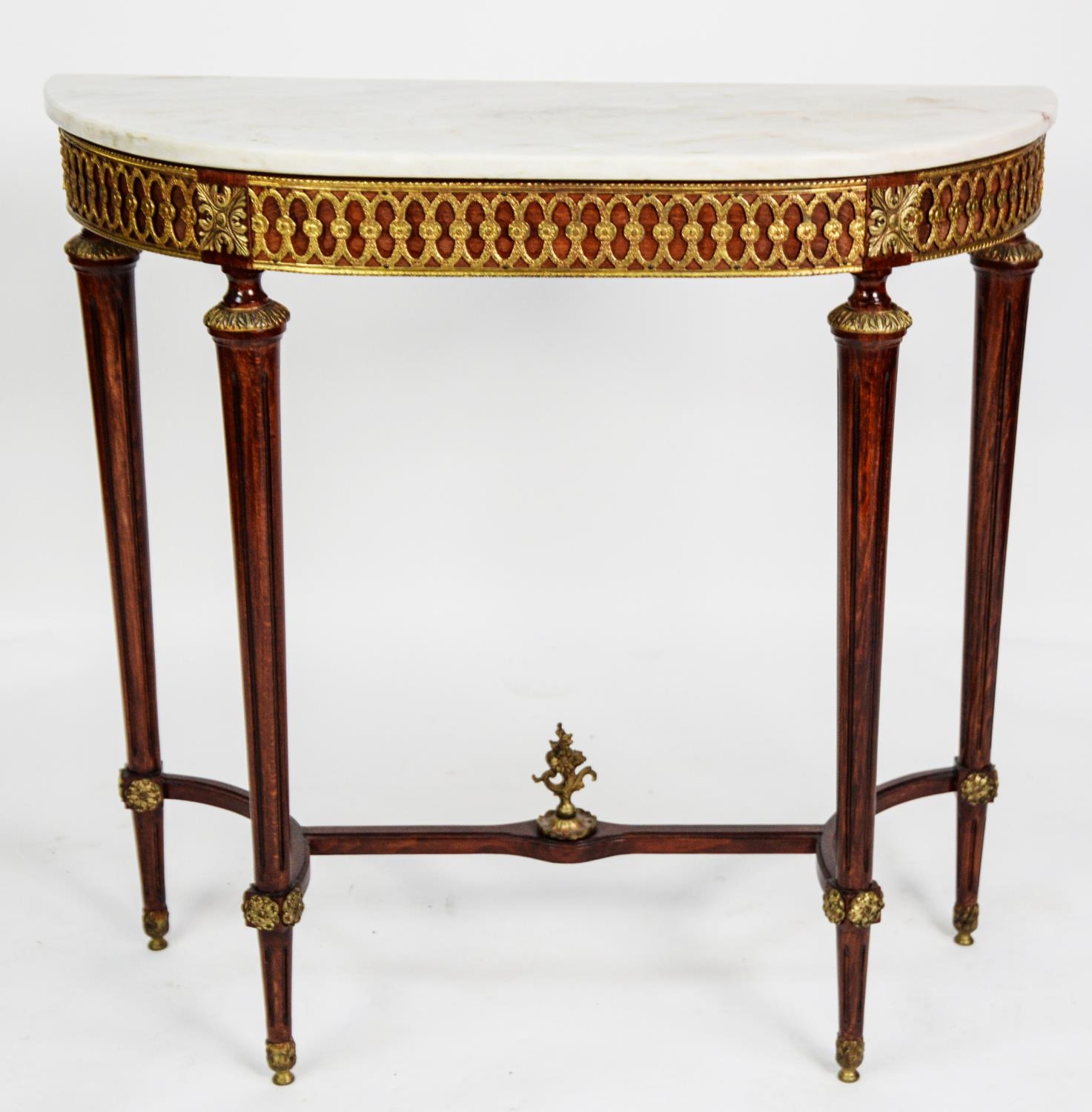 LOUIS XVI STYLE GILT METAL MOUNTED MAHOGANY SIDE TABLE WITH WHITE VEINED MARBLE TOP, the D shaped - Image 3 of 3