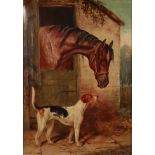 JOHN LANGSTAFFE (1849-1912) OIL PAINTING ON CANVAS A bay horse peering from a stable door, a hound