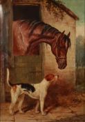 JOHN LANGSTAFFE (1849-1912) OIL PAINTING ON CANVAS A bay horse peering from a stable door, a hound