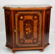 DUTCH STYLE BURR WALNUT AND MARQUETRY INLAID SIDE CABINET WITH VEINED MARBLE TOP, the chamfered