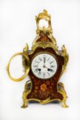 LATE NINETEENTH CENTURY FRENCH INLAID KINGWOOD AND ORMOLU MOUNTED MANTLE CLOCK, the 4 ¼” enamelled