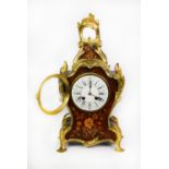 LATE NINETEENTH CENTURY FRENCH INLAID KINGWOOD AND ORMOLU MOUNTED MANTLE CLOCK, the 4 ¼” enamelled