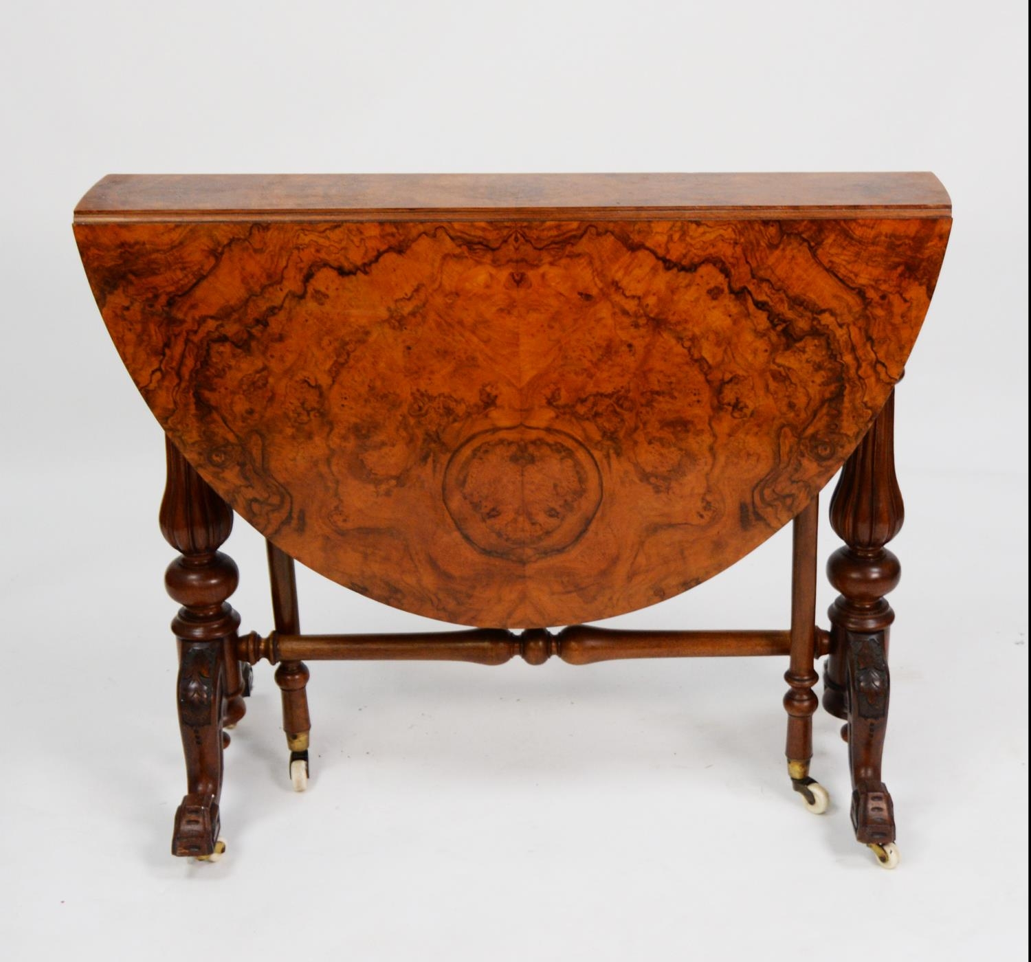 VICTORIAN CARVED AND BURR WALNUT SUTHERLAND TABLE, of typical form with demi lune drop leaves and - Image 4 of 6