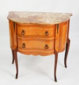 LOUIS XVI STYLE FRENCH BLONDE WOOD AND AMBOYNA TWO DRAWER SMALL COMMODE WITH BROWN VEINED MARBLE