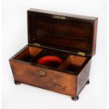 NINETEENTH CENTURY ROSEWOOD TEA CADDY, of sarcophagus form with compressed bun feet, 8” (20.3cm)