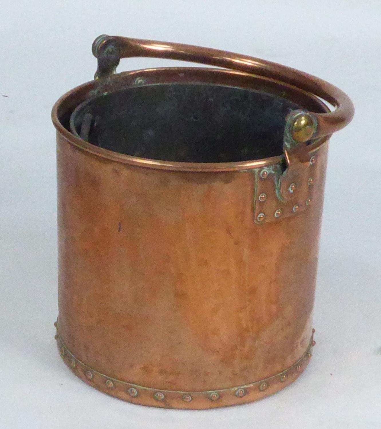 HEAVY COPPER SWING HANDLED COAL BUCKET, with studded borders and removable liner, 13 ½” (34.3cm)