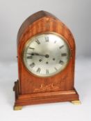 EARLY TWENTIETH CENTURY INLAID MAHOGANY LARGE MANTLE CLOCK, the 8” silvered Roma dial powered by a