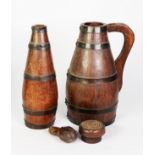 GROUP OF FOUR COOPERED VESSELS, including a bottle, a flagon, a tankard and a vase with copper