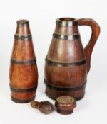 GROUP OF FOUR COOPERED VESSELS, including a bottle, a flagon, a tankard and a vase with copper