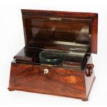 VICTORIAN ROSEWOOD LARGE TEA CADDY, of sarcophagus form with ring handles to the sides and