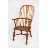 NINETEENTH CENTURY ELM AND FRUITWOOD WINDSOR ARMCHAIR, the two piece high back with central, pierced