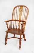 NINETEENTH CENTURY ELM AND FRUITWOOD WINDSOR ARMCHAIR, the two piece high back with central, pierced