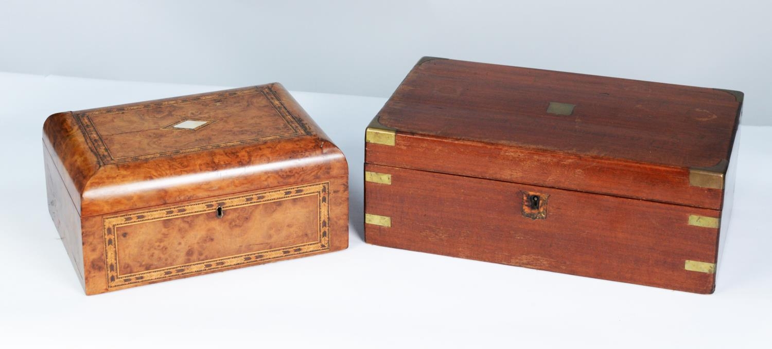 VICTORIAN MAHOGANY AND BRASS BOUND PORTABLE WRITING SLOPE, of typical form, the interior fitted with - Image 2 of 6