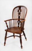 NINETEENTH CENTURY YEW AND ELM WINDSOR ARMCHAIR, the two part high back with pierced splat, set