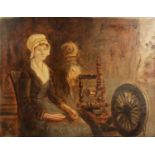 19th CENTURY ENGLISH SCHOOL OIL ON CANVAS Woman seated by a spinning wheel 13 1/2in x 17 1/2in (34.2