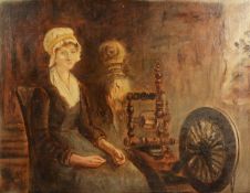 19th CENTURY ENGLISH SCHOOL OIL ON CANVAS Woman seated by a spinning wheel 13 1/2in x 17 1/2in (34.2