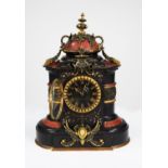 LATE VICTORIAN GILT METAL MOUNTED BLACK SLATE AND RED VEINED MARBLE LARGE MANTLE CLOCK, the 4” Roman