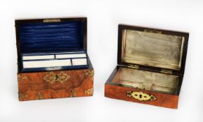 VICTORIAN FIGURED WALNUT AND BRASS MOUNTED DOME TOP STATIONERY BOX, with fancy top handle and