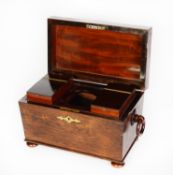 REGENCY ROSEWOOD AND BRASS INLAID LARGE TEA CADDY, of sarcophagus form with ring handles to the