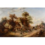 GEORGINA LARA (fl.1862-1871) OIL PAINTING ON RE-LINED CANVAS Rural village scene with thatched