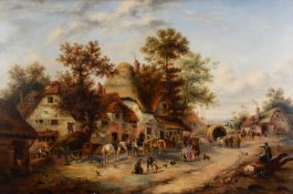 GEORGINA LARA (fl.1862-1871) OIL PAINTING ON RE-LINED CANVAS Rural village scene with thatched