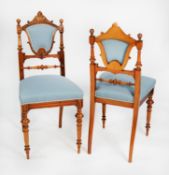 SET OF SIX NINETEENTH CENTURY CARVED WALNUT SINGLE DINING CHAIRS, each with shield shaped padded