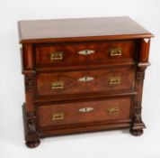 LATE NINETEENTH CENTURY CONTINENTAL WALNUT CHEST OF THREE DRAWERS, the quarter cut oblong moulded