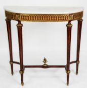 LOUIS XVI STYLE GILT METAL MOUNTED MAHOGANY SIDE TABLE WITH WHITE VEINED MARBLE TOP, the D shaped
