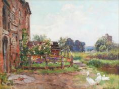 HENRY JOHN YEEND KING (1855 - 1924) OIL PAINTING ON PANEL Rustic dwelling with small flower garden
