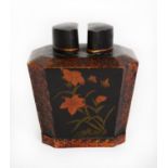 ORIENTAL BLACK LACQUERED PAPIER MACHE TEA CADDY, of tapering, twin lidded form, painted with